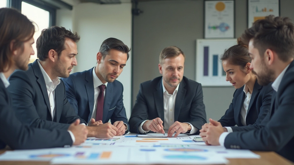 Команда профессионалов проводит встречу с графиками и документами на столе