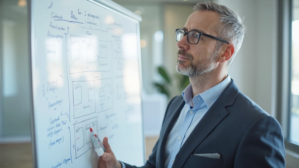 Иллюстрация структурированного анализа с диаграммой и заметками на доске